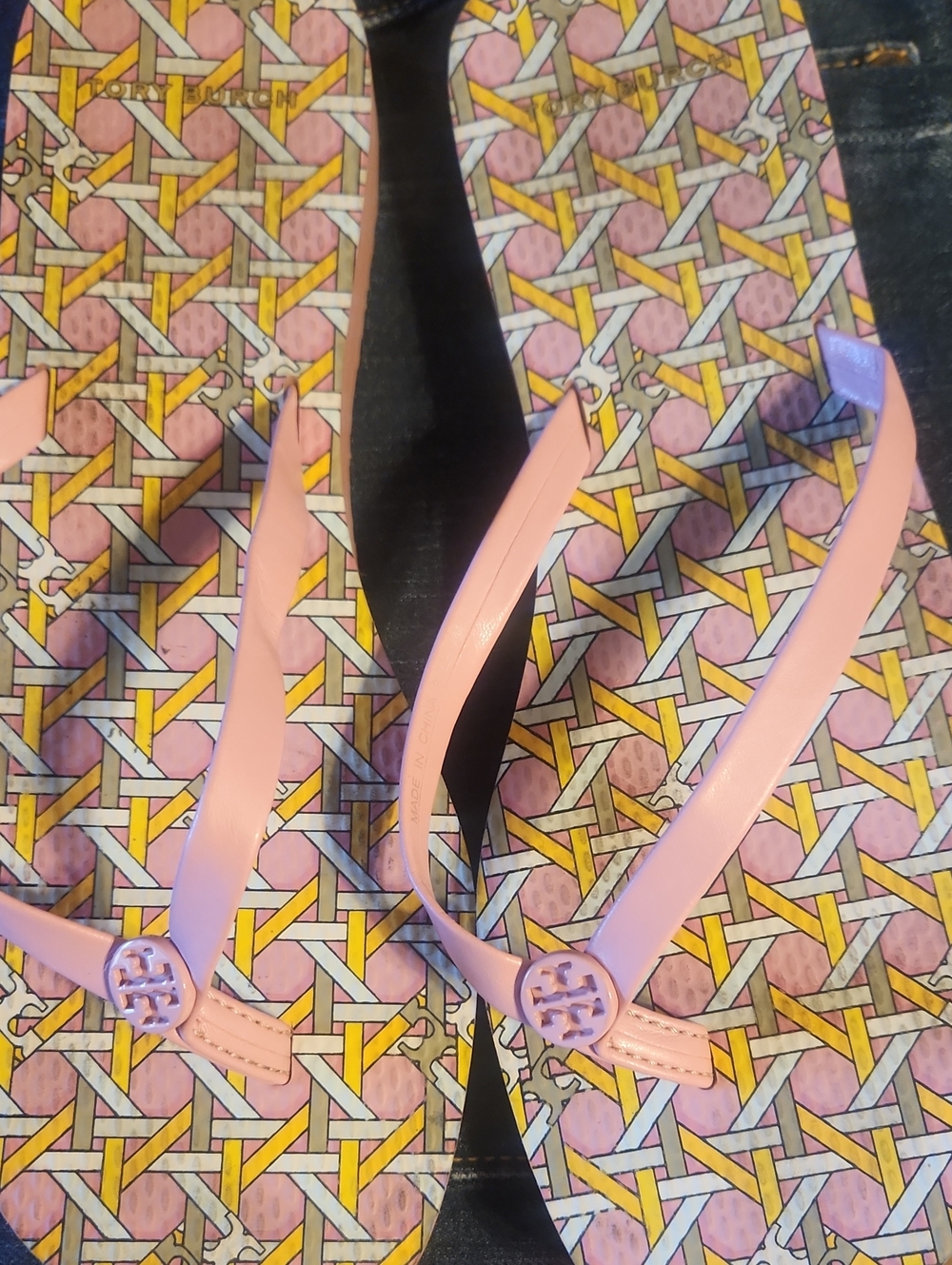 Tory Burch Pink and Purple Patterned Flip Flop Sandals